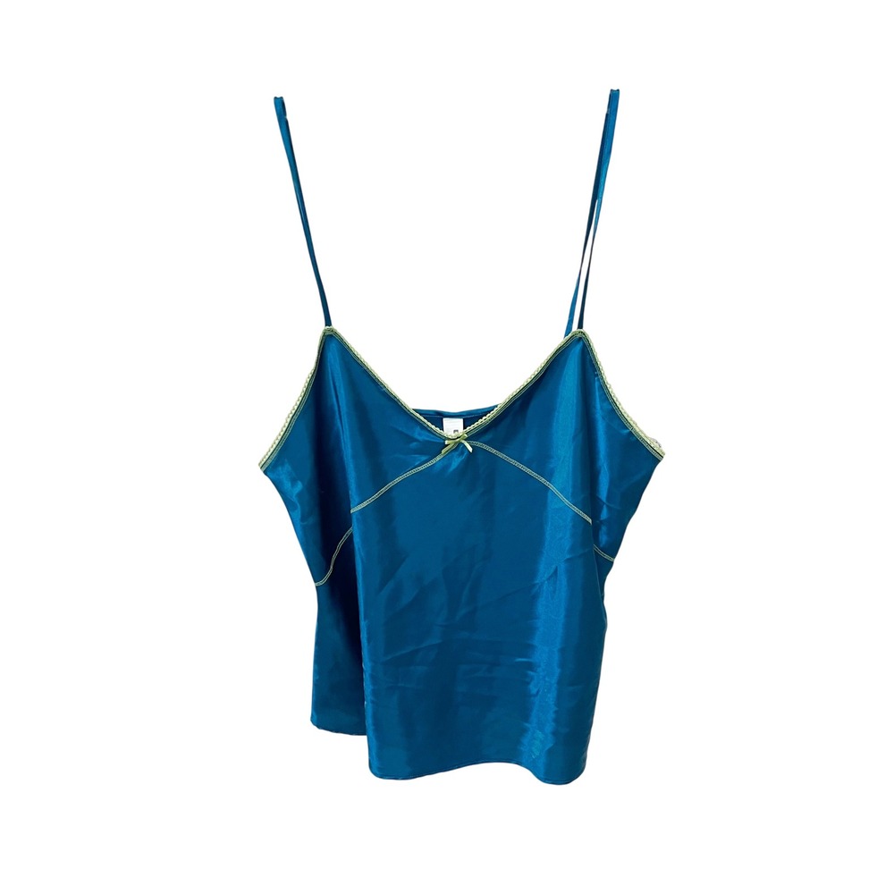 No Boundaries Y2K Satin Cami Top Vibrant Turquoise Blue Lime Trim Coquette LARGE